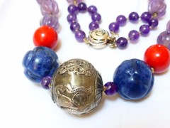 Vintage Carved Amethyst, Lapis, Laquer Beads Necklace, Sterling Bead, Clasp