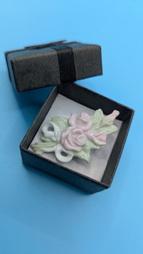 Vintage Pink Rose Pastel Ceramic Bouquet Brooch