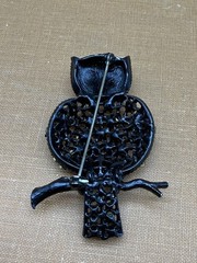 Vintage Owl Figural Black Rhinestone Black Metal Brooch Unsigned