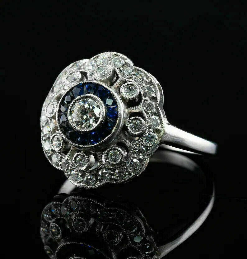 1930s Vintage Art Deco Sapphire & Lab Created Diamond Wedding Engagement Rings