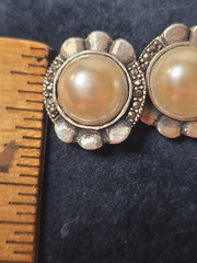 Sterling Silver Pearl Marcasite Post Pierced Earrings Vintage Estate .75in