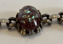 Vintage Lucite Oval Shaped Red Confetti Cabochons Silver Plated Metal Bracelet