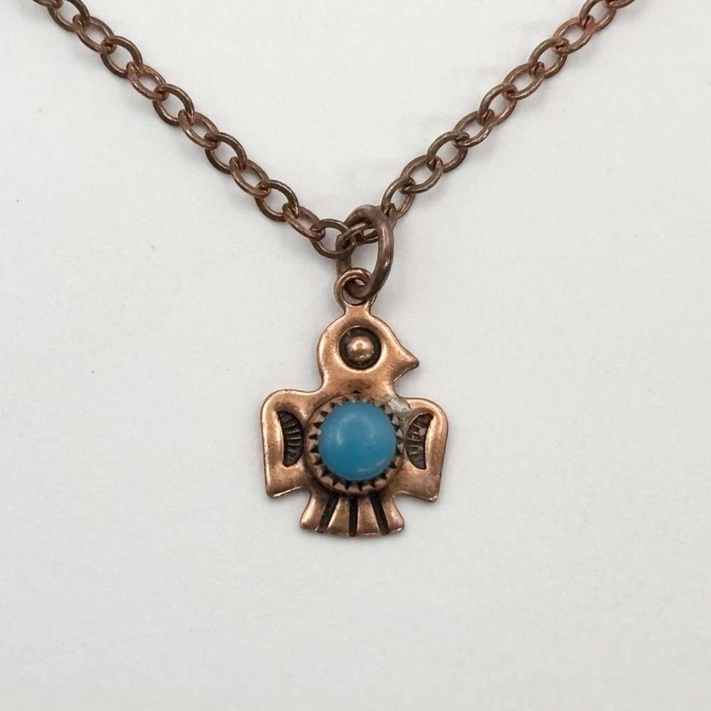 Copper Thunderbird Chain Necklace Faux Turquoise Embossed Pendant Southwest