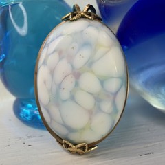 Opalescent Art Glass Scarf Clip • Iridescent Pastel Milky Cabochon Brooch VTG