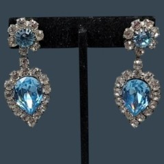 Vintage Art Deco Baby Blue Clear Rhinestone Teardrop Dangle Post Earrings