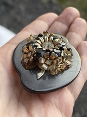 Vintage Bakelite Brooch Irregular Shape Rhinestones Gold Tone Czech Large