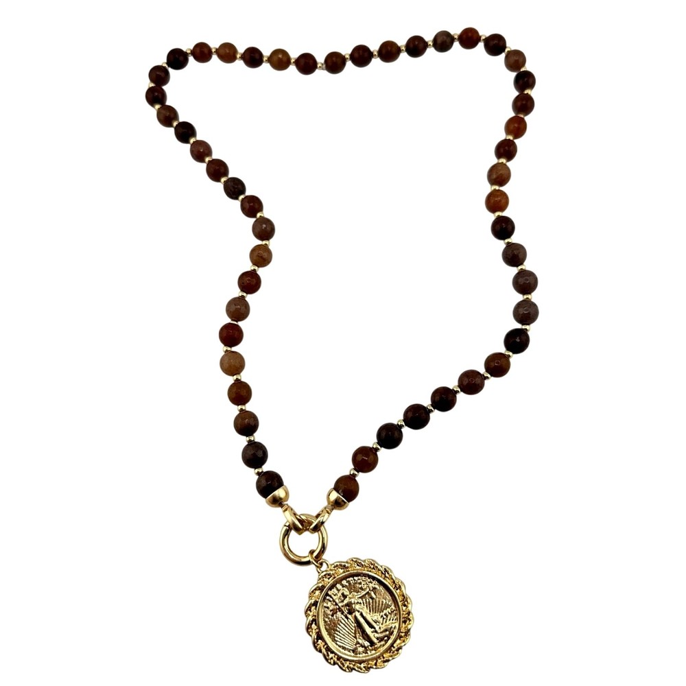 Liberty Coin Charm Brown Aventurine Beaded Gold Tone 21″ Pendant Necklace