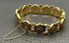 Vintage Damascene Gold Plated Hexagon Black Enamel Phoenix Bird Bracelet 7.25”