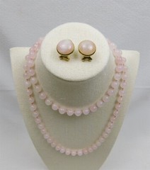 Vintage Hand Knotted Rose Quartz Gold 32″ Round Bead Necklace & Pierced Earrings