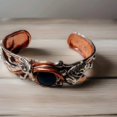 Artisan Cuff Bracelet Mixed Metals Copper Onyx Stone Slight Flex Brutalist 0198