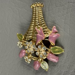 Vintage Pink Rhinestone Enamel Flower Basket Brooch Green Floral Pin