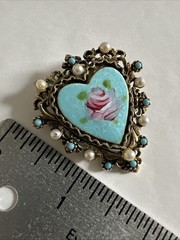 Vintage ART Arthur Pepper Enamel Heart Rhinestone & Pearl Brooch Gold Tone