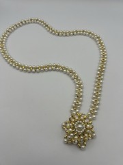 Vintage Necklace Of Gold-tone Beads With Faux Pearls And A Snowflake Pendant