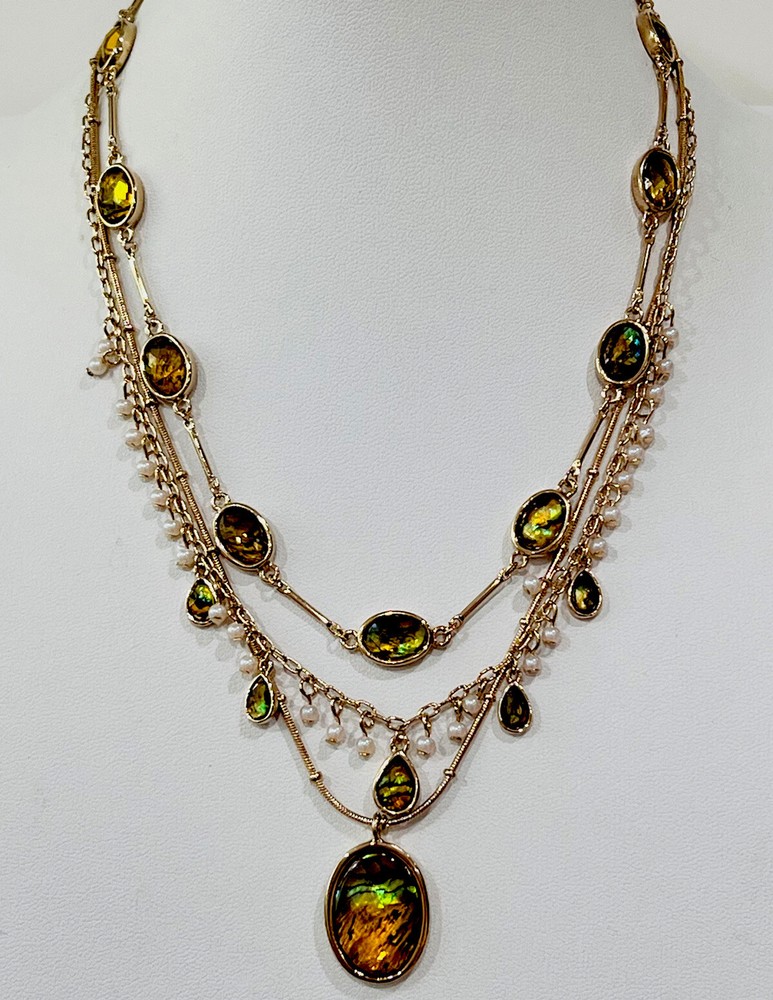Vintage New Gold Tone 3 Row Faux Pearl Lucite Abalone Necklace 16”+2”Ext
