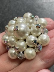 Vintage 1.5” Stacked Faux Pearl AB Crystal Rhinestone Flower Brooch Pin