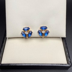 Vintage Gold Tone Blue Navette Rhinestone Screwback Earrings Mid Century Whimsy