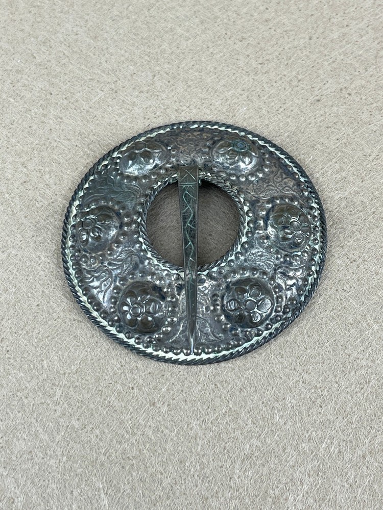 Antique Latvian Round Repousséd Brooch Pin ~2 ¾” Folk Metal Costume Jewelry