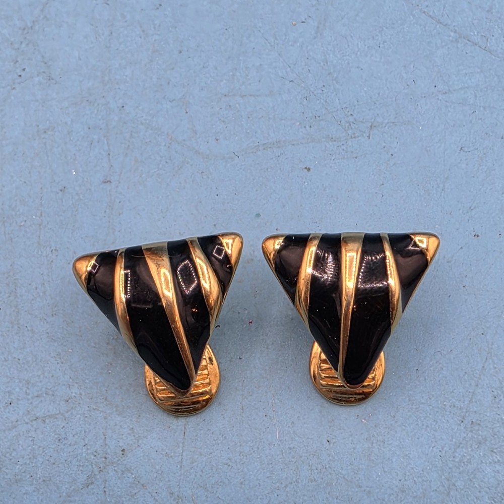 Vintage MONET Clip On Earrings with Black Enamel and Gold Triangles .5 inches
