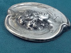 Large Ornate Antique Silver Tone Pressed Metal Victorian Lady’s Face Pin: 2.25″