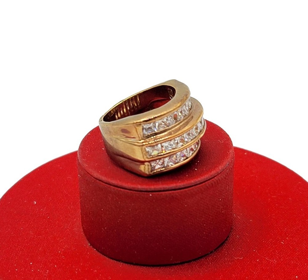 Vtg Sz 6 Ring 3 Rows Square Cubic Zirconia 18KGE Gold Electroplated Jewelry
