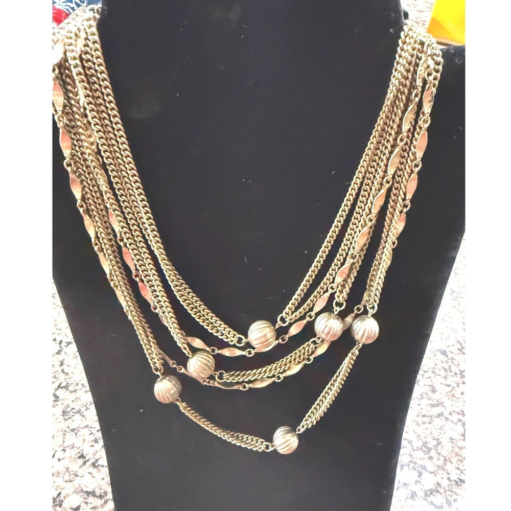 Vintage 1950s Coro Gold Tone Multi Strand Necklace Melon Bead Leaf Link Layered