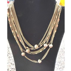 Vintage 1950s Coro Gold Tone Multi Strand Necklace Melon Bead Leaf Link Layered