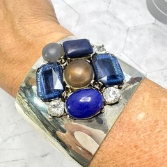Silver Tone Rhinestone Wide Cuff Bracelet Statement Blue Bezel Cabochon Stones