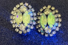 Vtg Uranium Glass Clip On Earrings Marquise Shape w/ 2 Main Stones Uranium