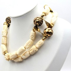 Acrylic Carved Off White Beaded Choker Necklace Brass Tribal Boho Ethnic Rose