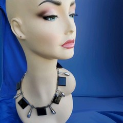 Original STERLING SILVER 925 Deco Onyx Modernist Necklace 186 Gr Vintage 18″ In