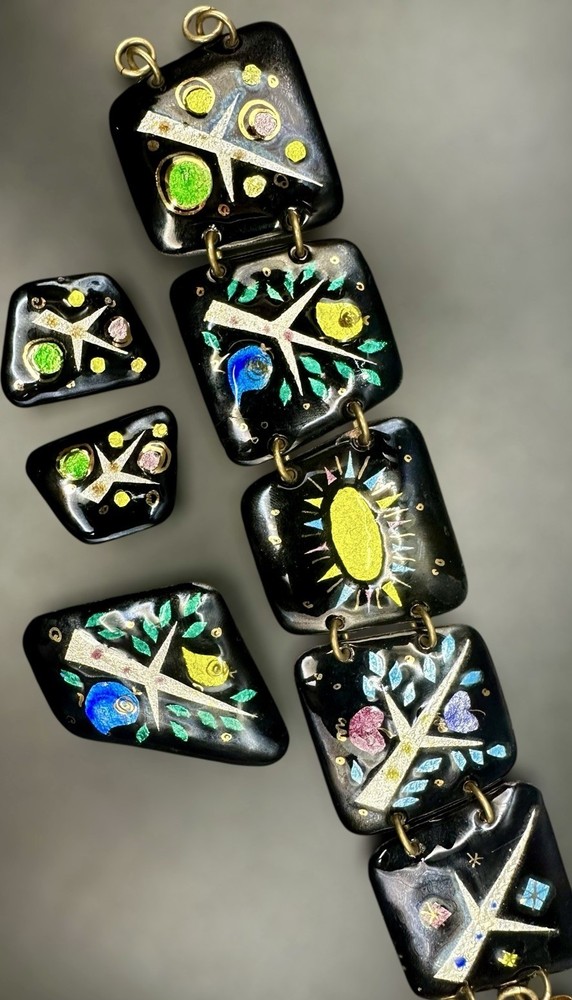 1950s/60s Enamel on Copper 3 Piece Studio Jewelry Set MCM Birds Trees Sunburst