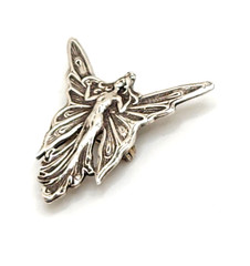 Sterling Silver Art Nouveau Inspired Winged Fairy Pendant/Pin, 1 1/8″ x 1 1/8″