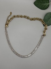 Marked 14K Gold Tone Baguette CZ Tennis Paperclip Link Necklace Statement Chain