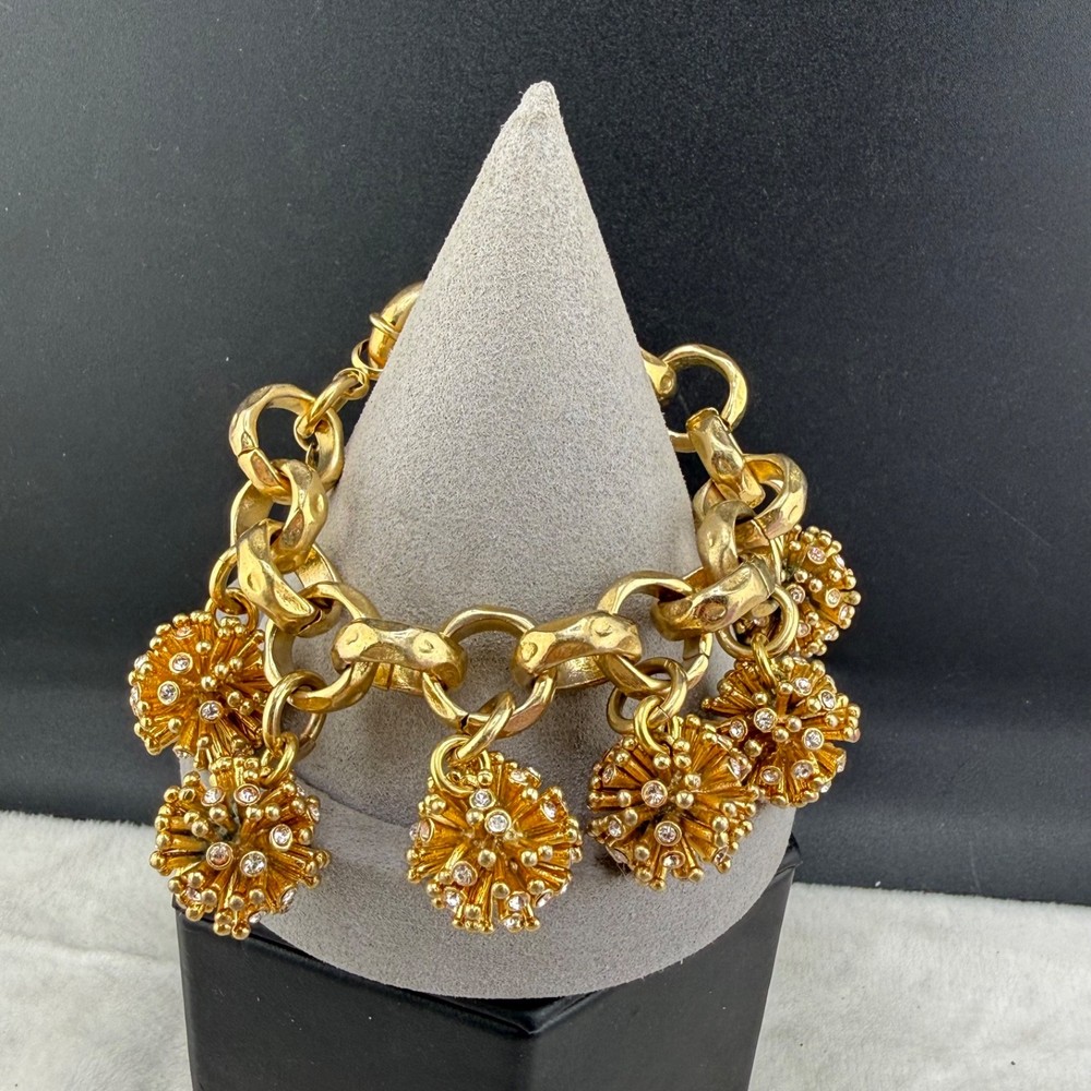 Vintage J Crew Bracelet Pom Pom Gold Tone Rhinestone 6.5”