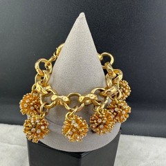 Vintage J Crew Bracelet Pom Pom Gold Tone Rhinestone 6.5”