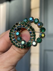 Vintage AB Green Blue Crystals Rhinestones Brooch 2 Circles Wreaths