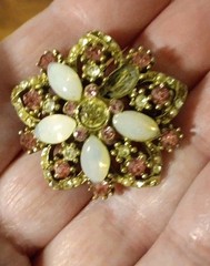Vintage 1960s Pink Rhinestone Faux Pearl Flower Brooch Gold Tone Costume Jewelry