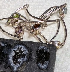 Vtg Sterling Silver Lab Created Gemstones Curved Tube Links 925 Necklace – 17.5″