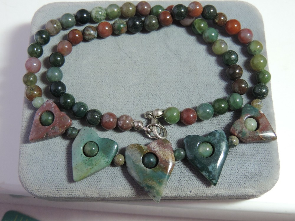 Pink Green Agate Stone Carved Heart Pendant Bead Strand 18″ Necklace Cf 68