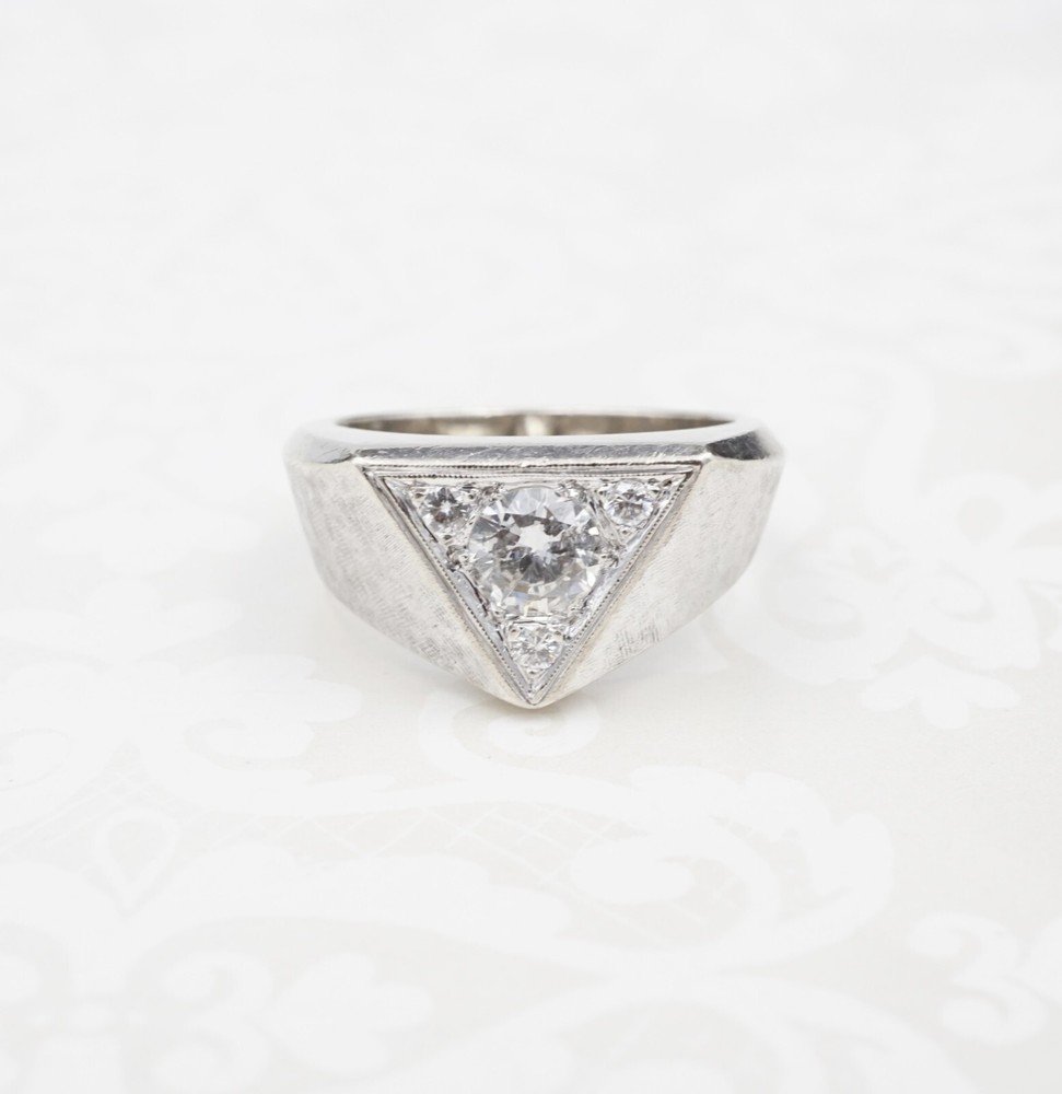 Vintage Signet Ring 14K Diamond White Gold Geometric Triangle Size 8.5 RG4591