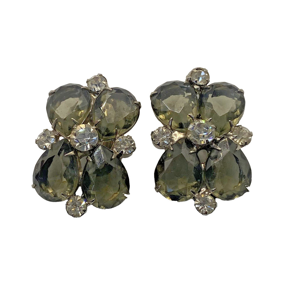 Vintage Gray Rhinestone Clip On Earrings Silver Tone Flower Stud 1.25in Jewelry
