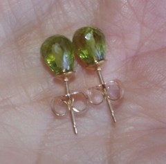 Natural 7MM Faceted Peridot Briolette Gemstone Diamond Cut Stud Earrings 14K GF