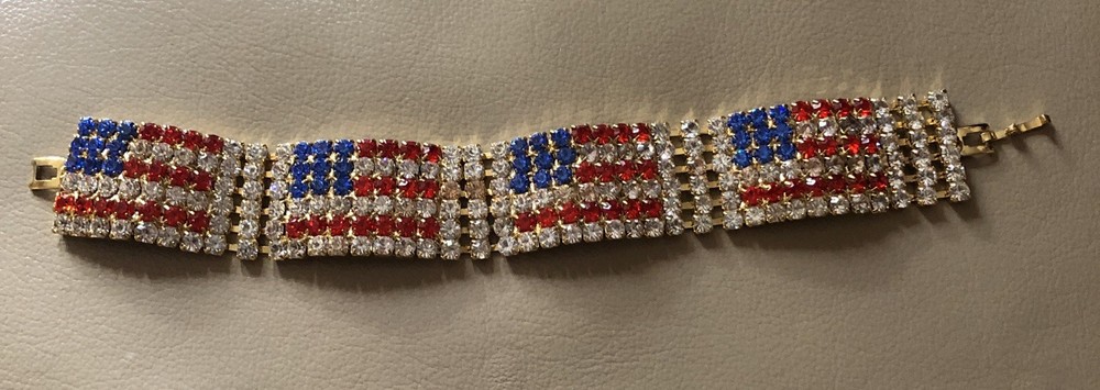Vintage American Flag 6 Row Rhinestone Tennis Bracelet on Gold Tone SPARKLY