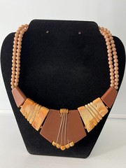 Signed Napier Vintage Brown Tan Double Strand Beaded Statement Bib Necklace