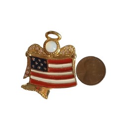 Vintage KC signed Angel USA Flag Brooch Moonstone Gold Tone Enamel Rhinestone