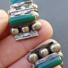 Vintage Antique Mexican Silver w/ Green Onyx Bracelet needs repair 1930s
