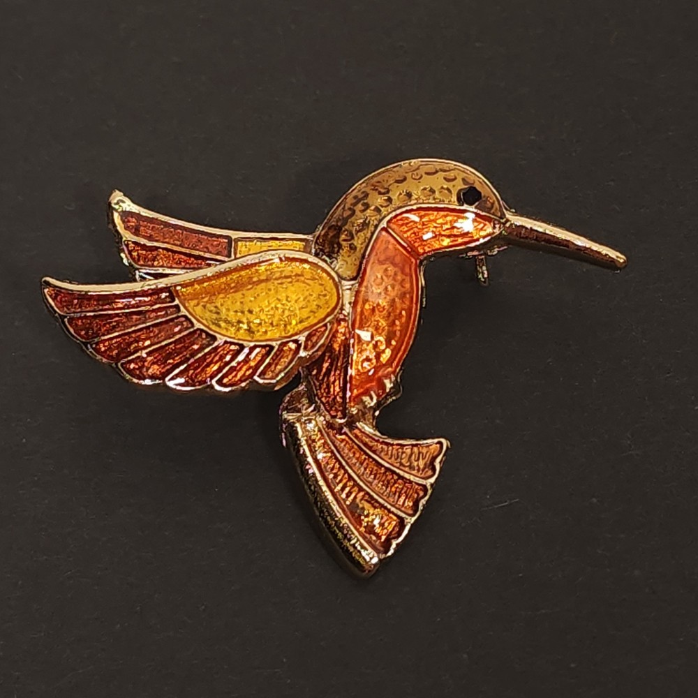 Vintage Hummingbird Brooch Pin Gold Tone Orange Brown Yellow Enamel Animal Fall