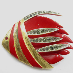 Rare Castlecliff Signed Rhinestone Red Enamel Large Fish Brooch Pin