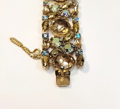 Vintage Schreiner Wide Bracelet Light Topaz AB Gold Rhinestones 7.5″