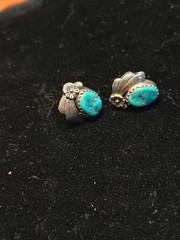Vintage Turquois Earrings With Flower With Leaf Motif Signed ALV Anna Valencia